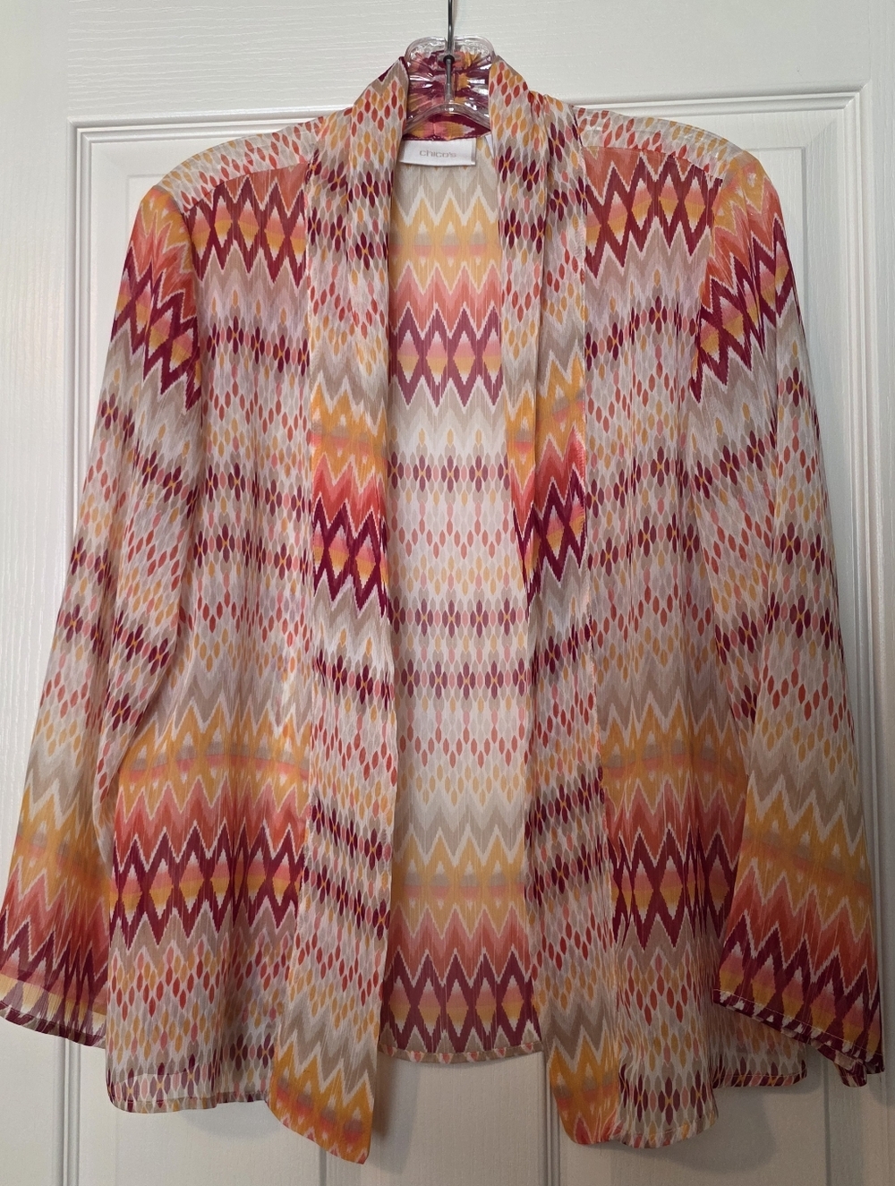 Chico's Aztec Carinna Pattern Rumba Orange Open Sheer Cardigan Jacket Sz 1/M